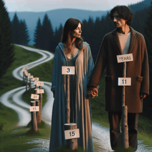 A couple holding hands, looking thoughtful and reflective, standing on a path symbolizing the journey of relationship, with milestone markers for the 3rd, 7th, 11th, and 15th year, in a serene natural setting representing the journey of life.