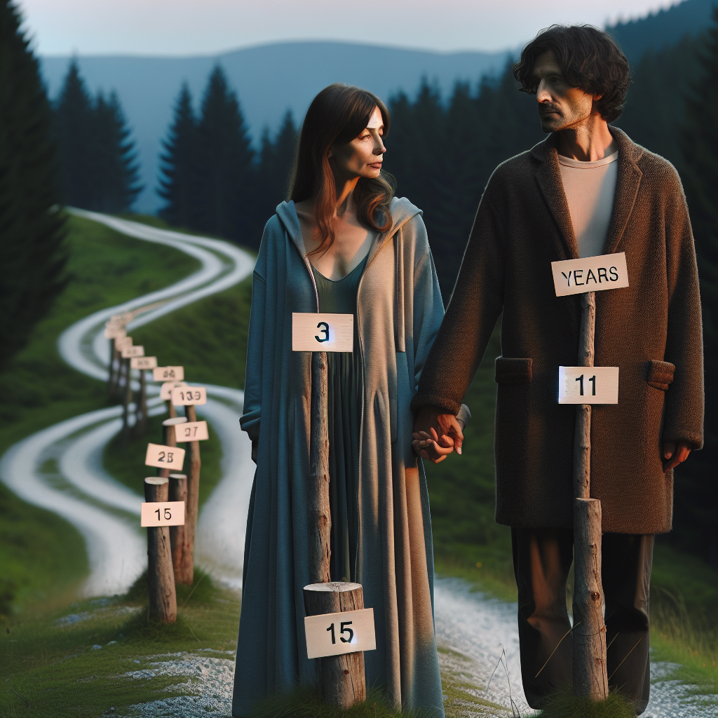 A couple holding hands, looking thoughtful and reflective, standing on a path symbolizing the journey of relationship, with milestone markers for the 3rd, 7th, 11th, and 15th year, in a serene natural setting representing the journey of life.