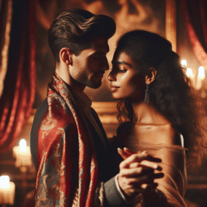 A couple engaged in soft swinging, surrounded by a sensual, intimate atmosphere with dim lighting and soft fabrics, highlighting a balance between excitement and intimacy.