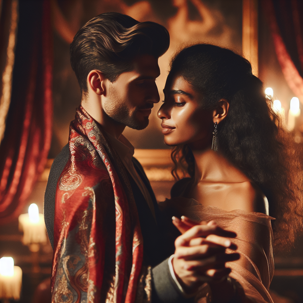 A couple engaged in soft swinging, surrounded by a sensual, intimate atmosphere with dim lighting and soft fabrics, highlighting a balance between excitement and intimacy.