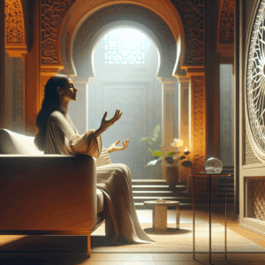 A confident woman in a serene, private setting, exploring self-awareness and pleasure, surrounded by soft lighting. She is relaxed, enjoying her moment of self-discovery with empowerment and elegance.