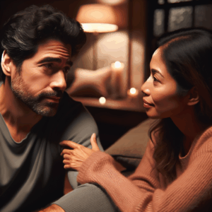 An emotional couple having a deep conversation, with one partner appearing concerned and the other reassured, set in a cozy living room with warm lighting.