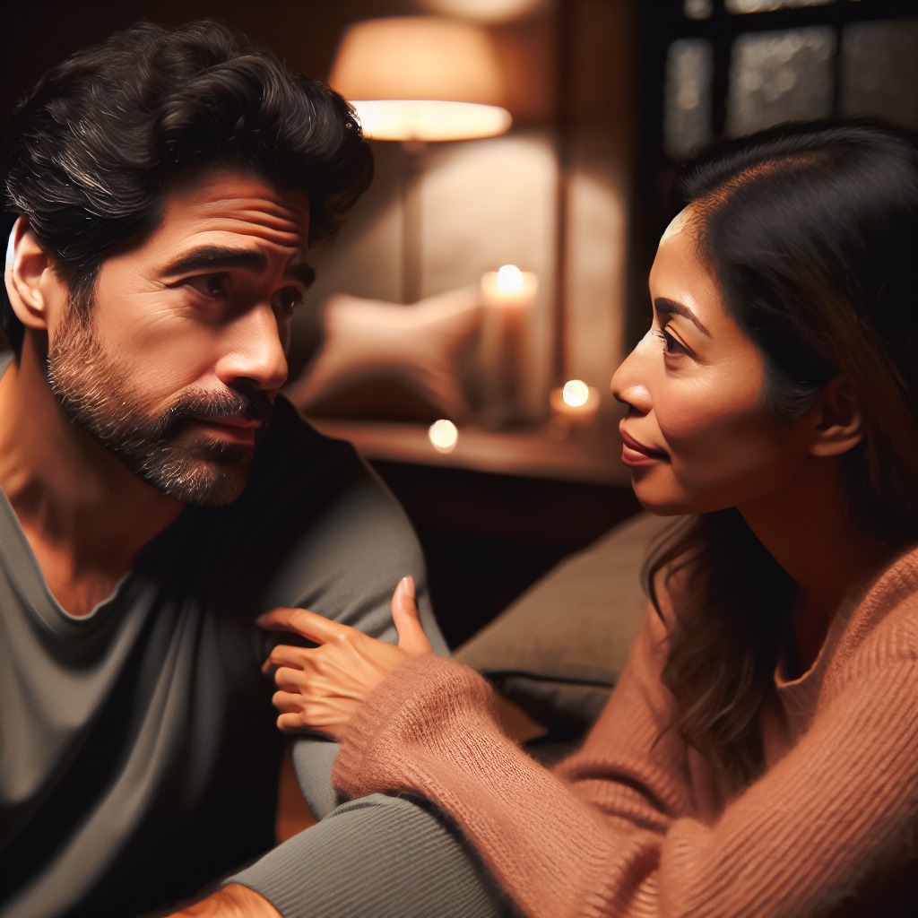 An emotional couple having a deep conversation, with one partner appearing concerned and the other reassured, set in a cozy living room with warm lighting.