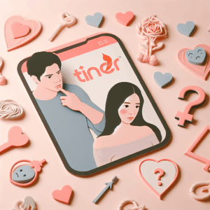 Un smartphone affichant l'application Tinder, entouré par des symboles de doute et d'amour, représentant un couple se questionnant sur la fidélité, avec des tons pastel pour une illustration douce et intrigante.