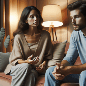 An emotional scene between a couple sitting on a couch. The woman is calmly explaining something to the man, who looks worried and insecure. The room is warm and cozy.