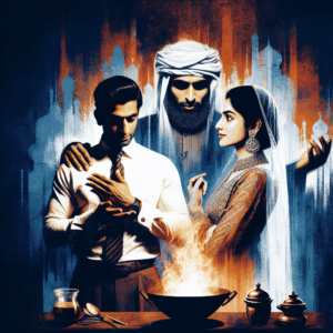 A visual depiction of a couple with one partner giving exaggerated compliments, surrounded by a dark and tense atmosphere, illustrating hidden emotional manipulation.