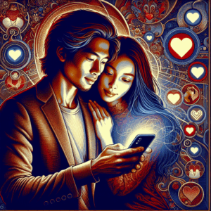 A vibrant and intimate illustration of a diverse couple using a modern smartphone to connect emotionally and enrich their relationship. The background is filled with heart motifs, digital communication icons, and a sense of warmth and love.