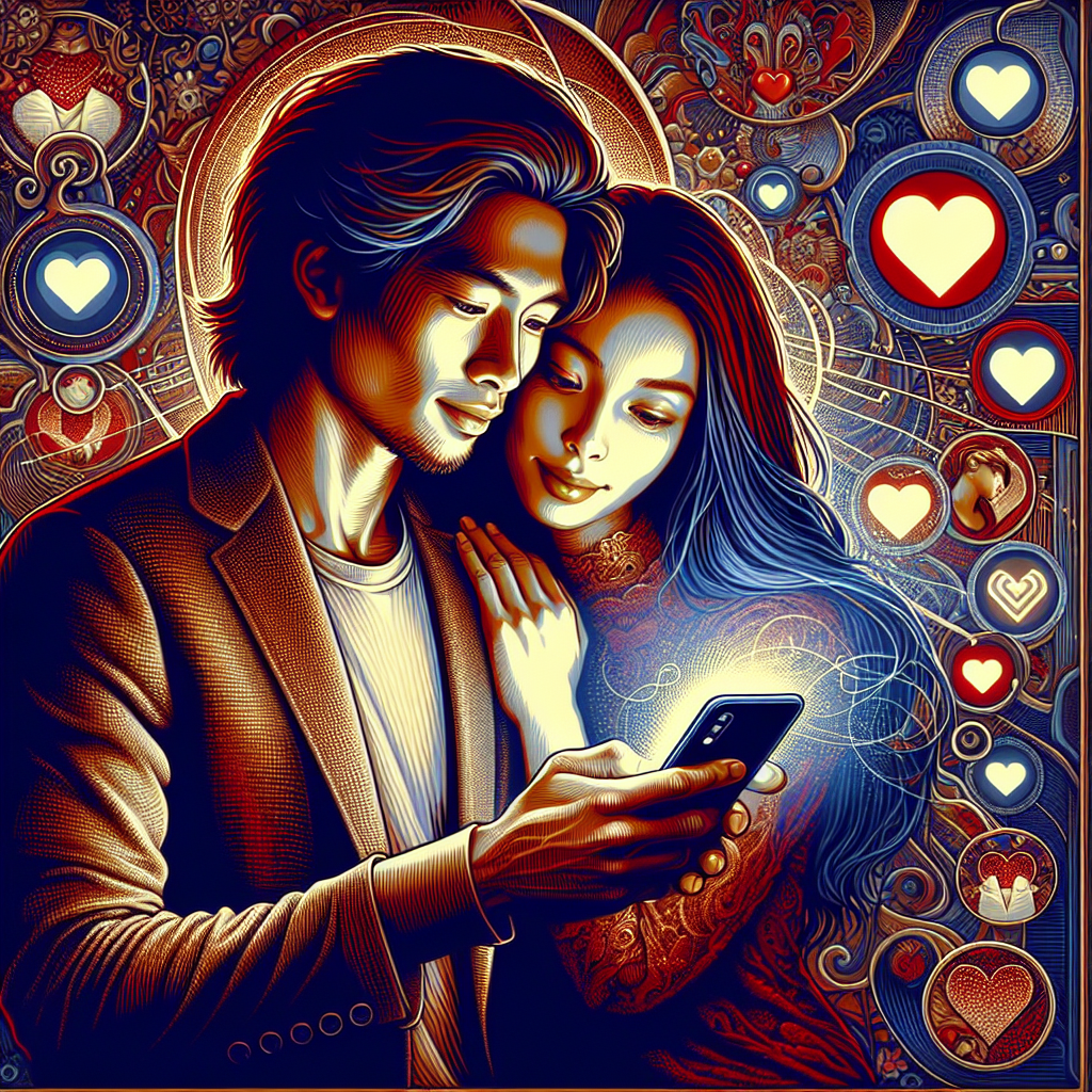 A vibrant and intimate illustration of a diverse couple using a modern smartphone to connect emotionally and enrich their relationship. The background is filled with heart motifs, digital communication icons, and a sense of warmth and love.