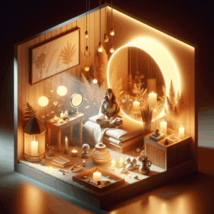 A serene and intimate setting of a woman comfortably engaging in self-discovery and relaxation, surrounded by soft lighting and personal items that promote comfort and sensuality, illustrating the concept of solo sexual exploration.