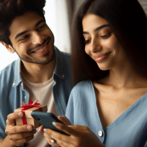A young couple texting each other lovingly throughout the day, with the man surprising the woman with small gifts, smiling, soft and gentle expressions of care and affection.