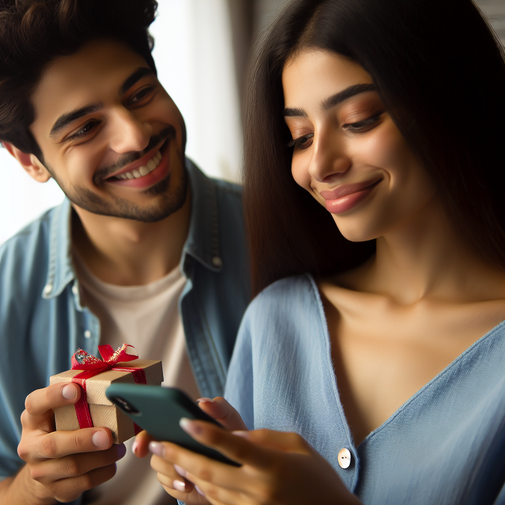 A young couple texting each other lovingly throughout the day, with the man surprising the woman with small gifts, smiling, soft and gentle expressions of care and affection.
