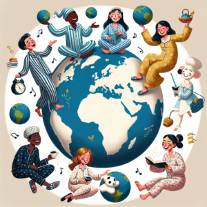 Illustration d'un globe terrestre avec des personnages joyeux en tenue de nuit, représentant différentes nationalités, entourant la planète dans une ambiance décontractée et humoristique.
