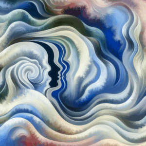 A sensual and artistic illustration of a woman's silhouette experiencing deep sensation, with abstract waves representing intensity and emotion, in a pastel color palette.