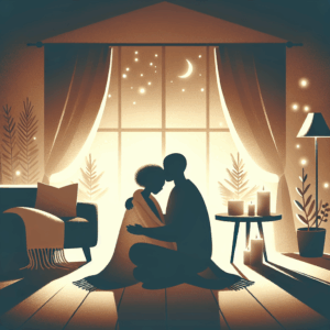 A cozy, warm setting depicting two silhouettes embracing under a blanket in a softly lit room, with an atmosphere of intimacy and calmness, representing the concept of emotional connection and slow sexuality.