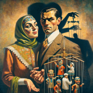 An image illustrating a psychological concept of manipulation in a relationship, showing a couple where one partner is offering exaggerated compliments while concealing true negative intentions, with expressive facial cues and symbolic elements of deceit in a subtle, artistic style.