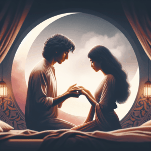 A couple exploring an intimate moment in a bedroom setting, depicting the 'dragon standing position' with tasteful, artistic expression. The background should showcase the edge of a bed with soft lighting to emphasize warmth and connection.