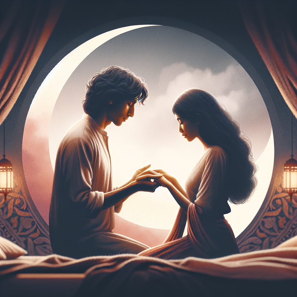 A couple exploring an intimate moment in a bedroom setting, depicting the 'dragon standing position' with tasteful, artistic expression. The background should showcase the edge of a bed with soft lighting to emphasize warmth and connection.