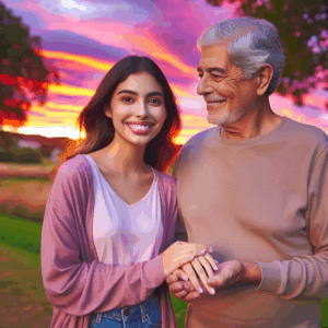 A loving couple with a significant age difference, smiling and holding hands in a serene, open park under a beautiful sunset, symbolizing harmony and mutual understanding despite the age gap.
