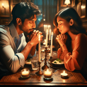 A romantic couple enjoying a candlelit dinner together, symbolizing the essence of the 777 method for nurturing relationships.