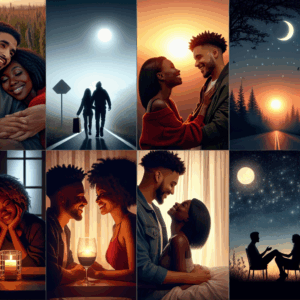 A loving couple enjoying quality time together, illustrating each aspect of the 6-hour rule: saying goodbye in the morning, reuniting in the evening, admiring each other, showing affection, going on a date, and reflecting on their relationship, in a warm, intimate setting.