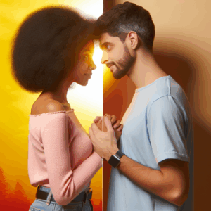 Un couple se regardant tendrement après une réconciliation, avec un fond lumineux évoquant espoir et renouveau. Les visages montrent des émotions contrastées mais positives, soulignant la complexité des sentiments après une rupture.