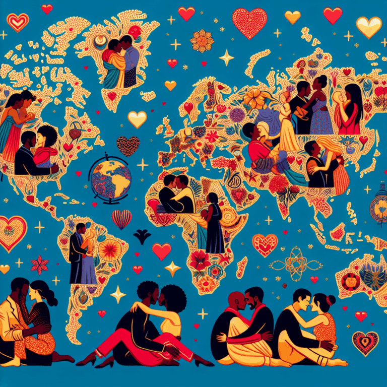 An artistic illustration depicting a world map with sensual, romantic elements like hearts and stars, symbolizing different countries' romantic prowess, with diverse couples represented in passionate embraces, emphasizing cultural diversity in love and intimacy.