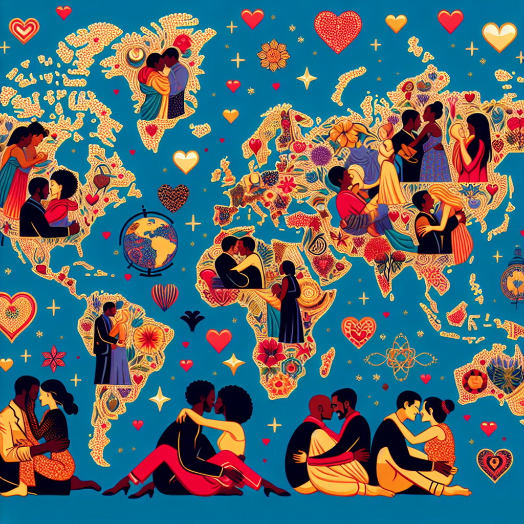 An artistic illustration depicting a world map with sensual, romantic elements like hearts and stars, symbolizing different countries' romantic prowess, with diverse couples represented in passionate embraces, emphasizing cultural diversity in love and intimacy.
