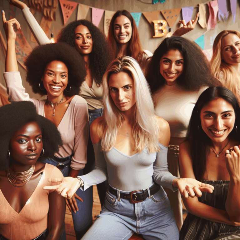 A diverse group of women confidently expressing their sexuality in a vibrant, inclusive party setting, surrounded by symbols of empowerment and freedom, with playful elements suggesting exploration and communication.