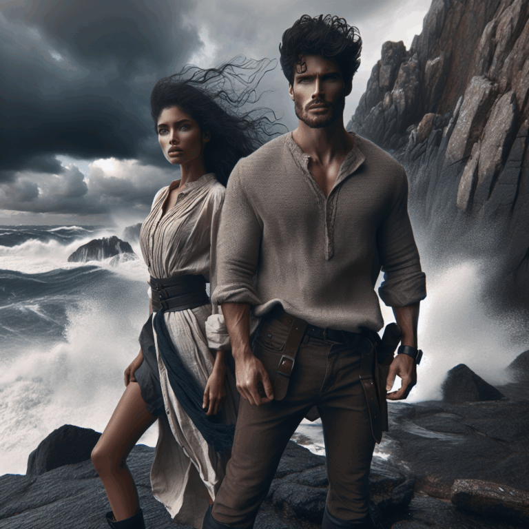 A couple standing on a rocky cliff, looking at a stormy sea, symbolizing facing challenges together in a relationship.
