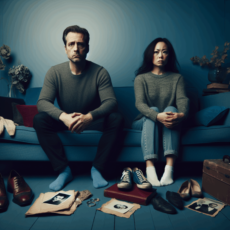 A symbolic image of a couple sitting apart on a couch, both looking away with expressions of sadness and disconnection, surrounded by objects representing a past shared life.