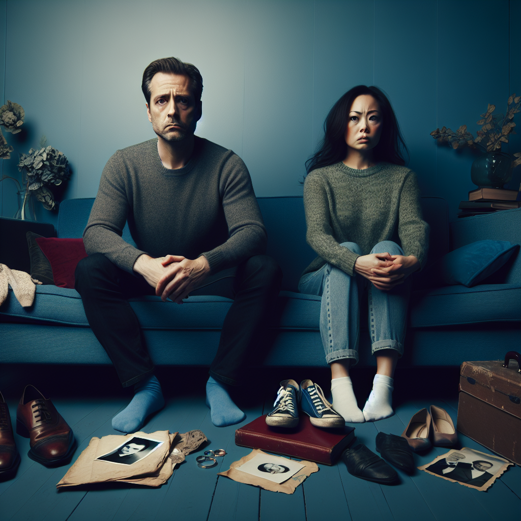A symbolic image of a couple sitting apart on a couch, both looking away with expressions of sadness and disconnection, surrounded by objects representing a past shared life.
