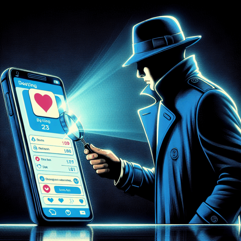 An illustration depicting a mysterious digital detective, examining a dating app on a smartphone, symbolizing the search for infidelity in the digital era.