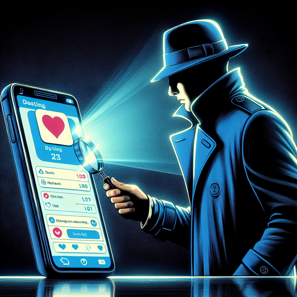 An illustration depicting a mysterious digital detective, examining a dating app on a smartphone, symbolizing the search for infidelity in the digital era.