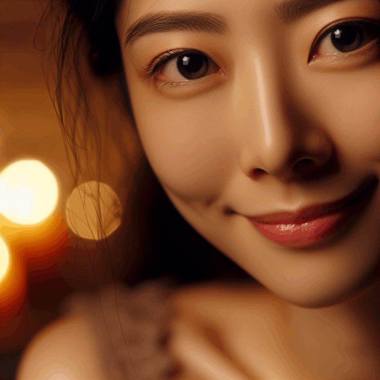 A close-up of a woman's face with a subtle smile and bright eyes, depicting signs of being in love, with a background giving a warm and intimate atmosphere.