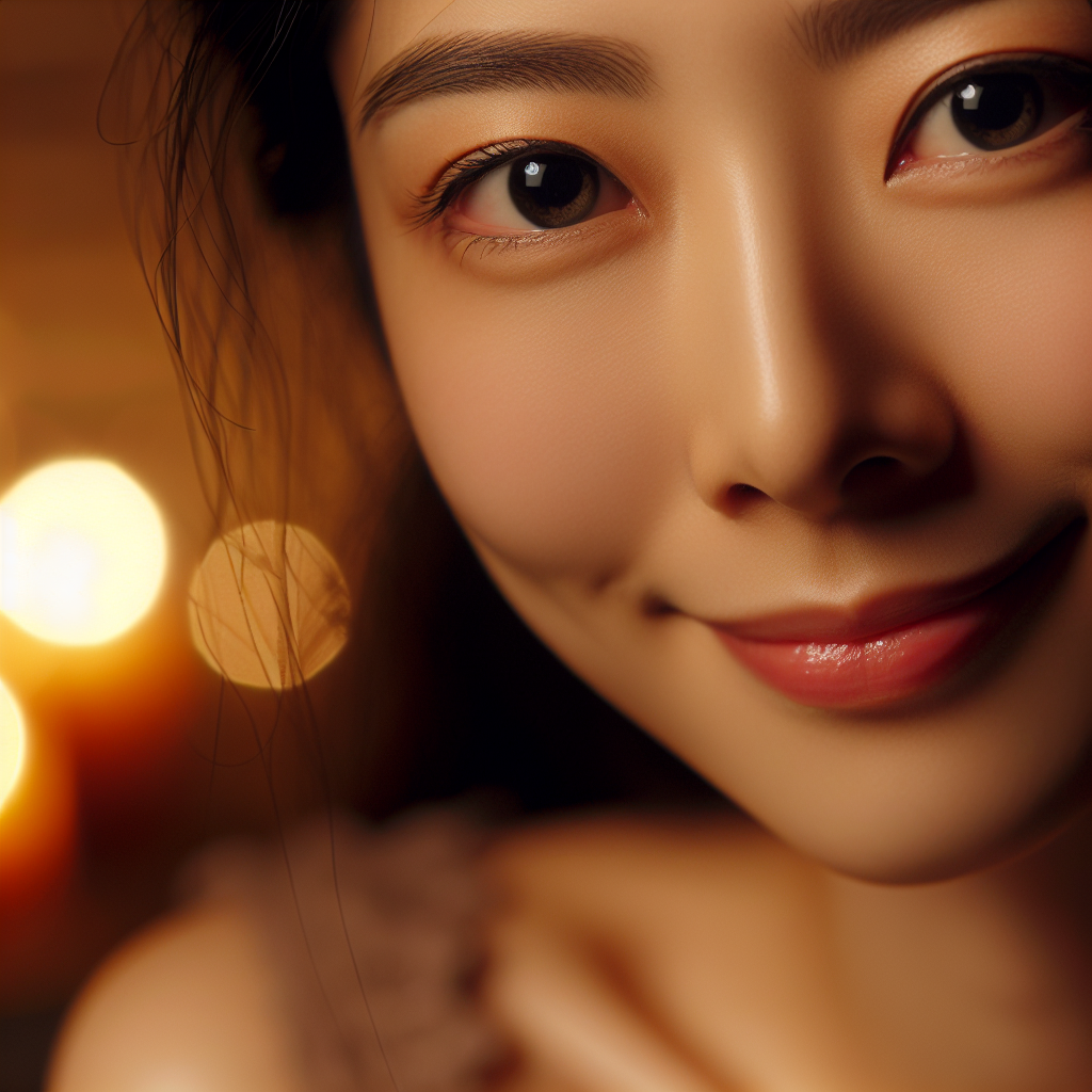 A close-up of a woman's face with a subtle smile and bright eyes, depicting signs of being in love, with a background giving a warm and intimate atmosphere.