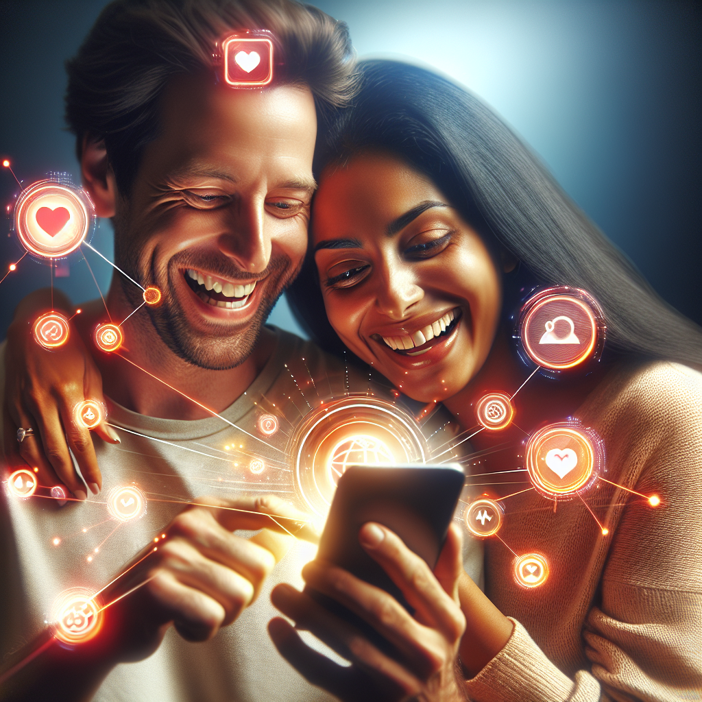 Un couple souriant, utilisant une application sur une tablette dans un cadre moderne et chaleureux, avec une ambiance de complicité et de technologie.