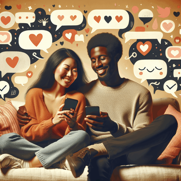 A couple texting happily, with icons of messages and hearts floating around, symbolizing constant communication and affection, in a warm and romantic color scheme.
