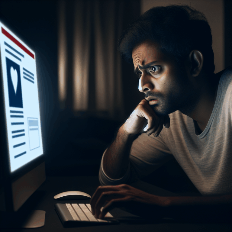 A worried individual sitting at a computer, looking at a dating app profile, in a dimly lit room, expressing concern and suspicion.