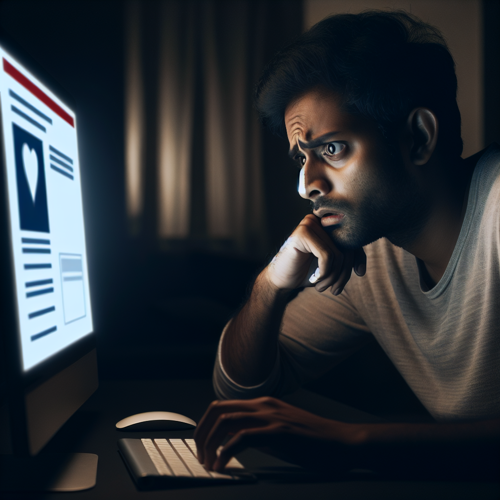 A worried individual sitting at a computer, looking at a dating app profile, in a dimly lit room, expressing concern and suspicion.