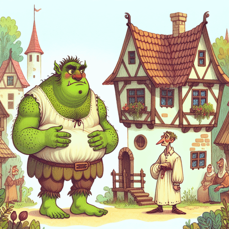 A cartoonish depiction of a couple mismatched in terms of attractiveness, inspired by Shrek, showcasing a confident individual with an ego boost alongside a partner who appears unsure and insecure.