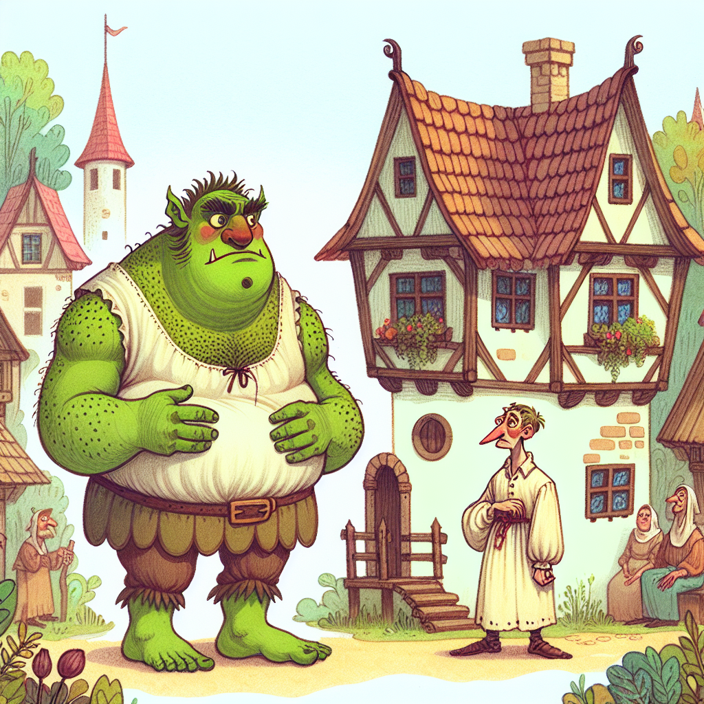 A cartoonish depiction of a couple mismatched in terms of attractiveness, inspired by Shrek, showcasing a confident individual with an ego boost alongside a partner who appears unsure and insecure.