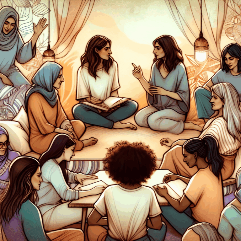 An artistic illustration of a diverse group of women in a relaxed, intimate setting, exploring different methods of pleasure, with a focus on communication and consent, surrounded by soft, warm colors.