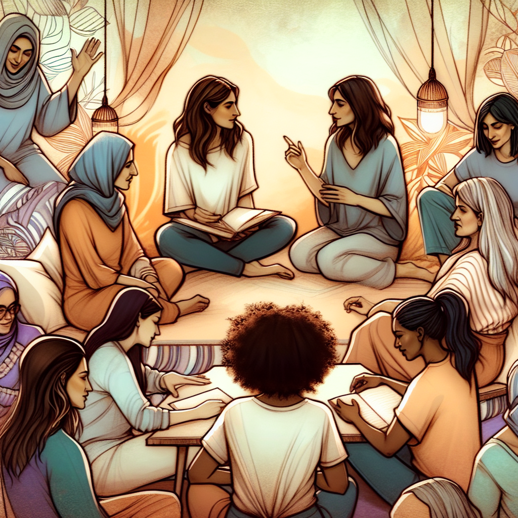 An artistic illustration of a diverse group of women in a relaxed, intimate setting, exploring different methods of pleasure, with a focus on communication and consent, surrounded by soft, warm colors.