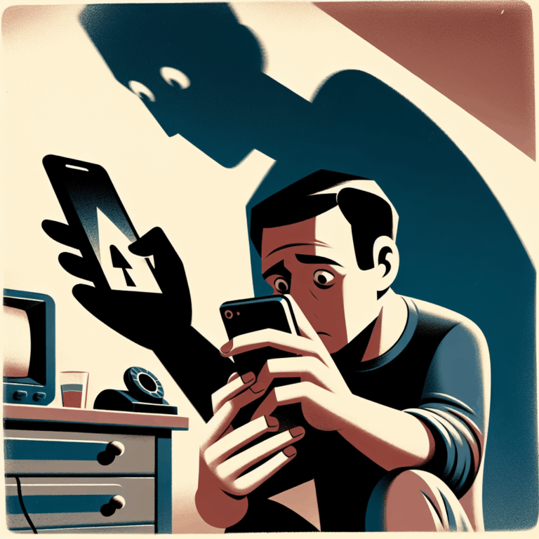 A worried person holding a smartphone, with a shadow in the background representing suspicion, in a modern setting showing technology and relationships.