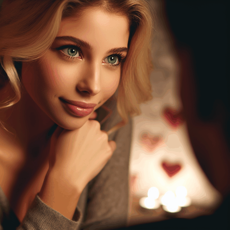 A thoughtful woman looking lovingly at someone, her eyes sparkling, with subtle romantic imagery like hearts or soft-focus background to suggest emotions.