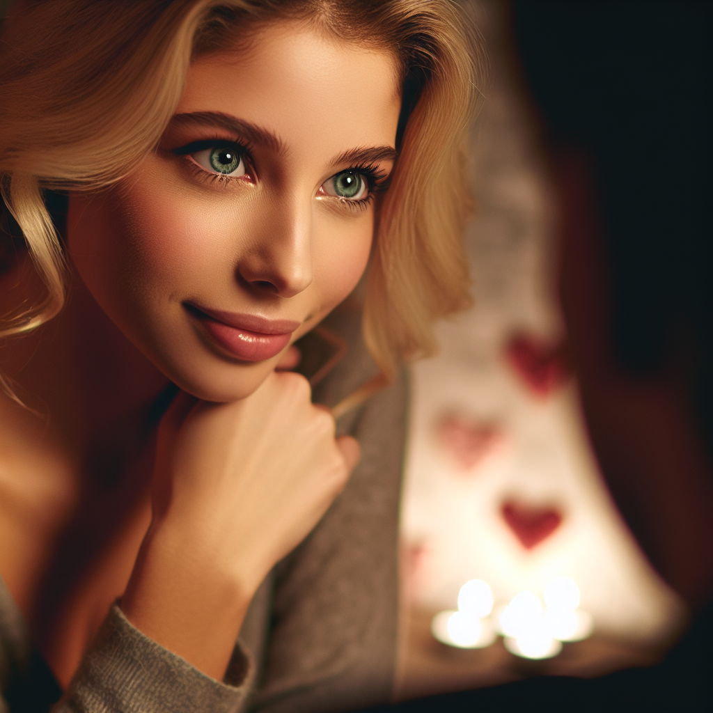 A thoughtful woman looking lovingly at someone, her eyes sparkling, with subtle romantic imagery like hearts or soft-focus background to suggest emotions.
