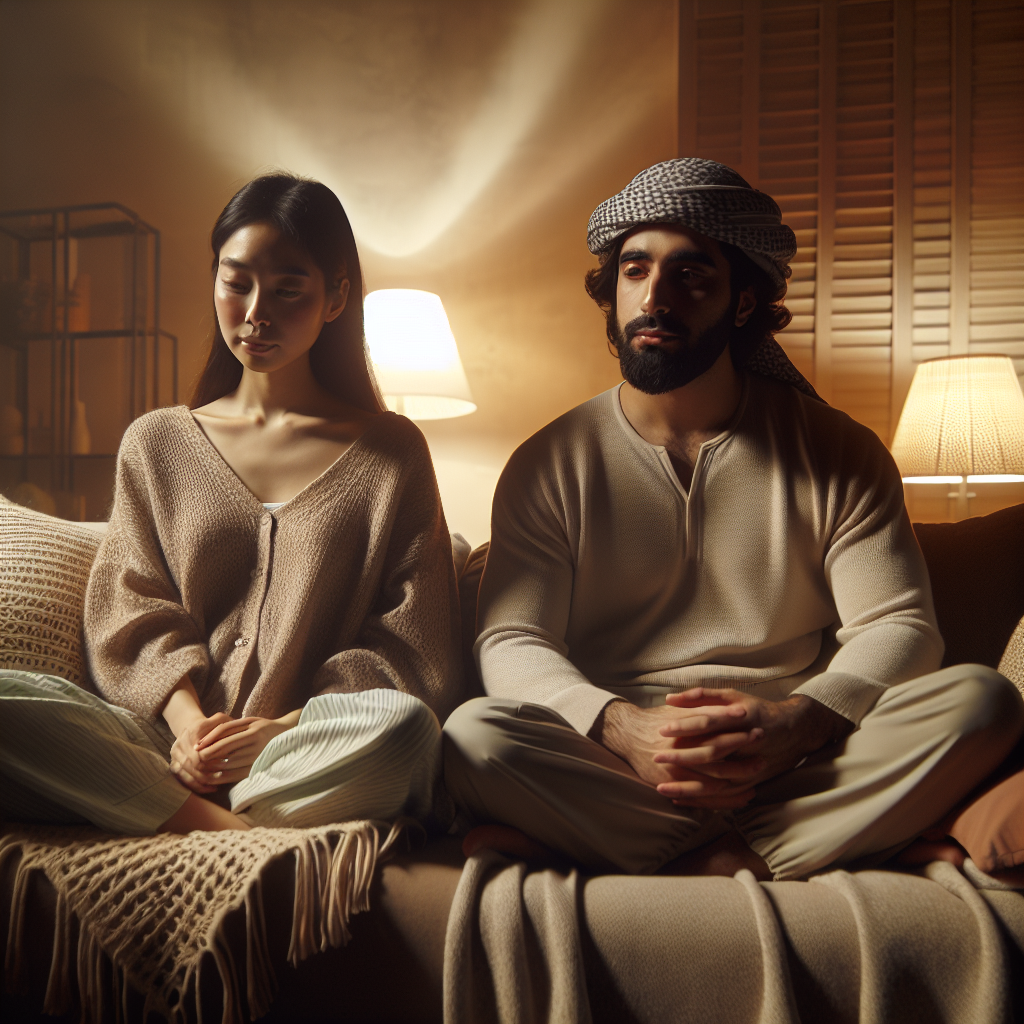 Un couple assis l'un à côté de l'autre sur un canapé, l'air apaisé et réfléchissant, entouré d'une ambiance douce et chaleureuse avec une lumière tamisée.