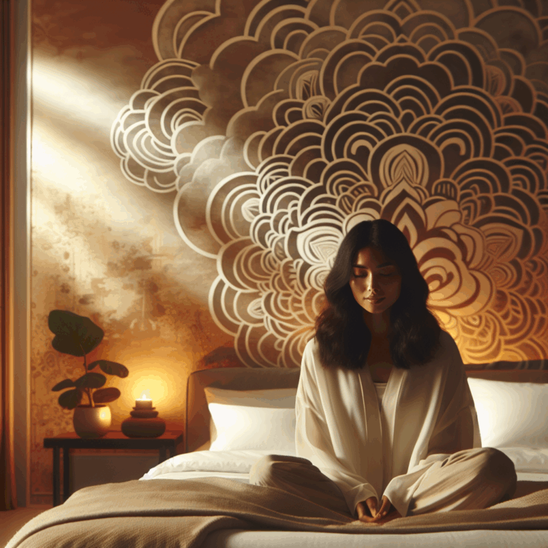 A woman relaxing alone in a serene bedroom, surrounded by soft light and gentle decor, exploring her sensuality with a peaceful expression.
