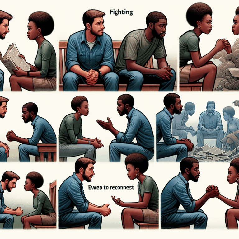 A thoughtful illustration of a couple communicating during different challenging phases of their relationship, showing signs of growth and reunion.