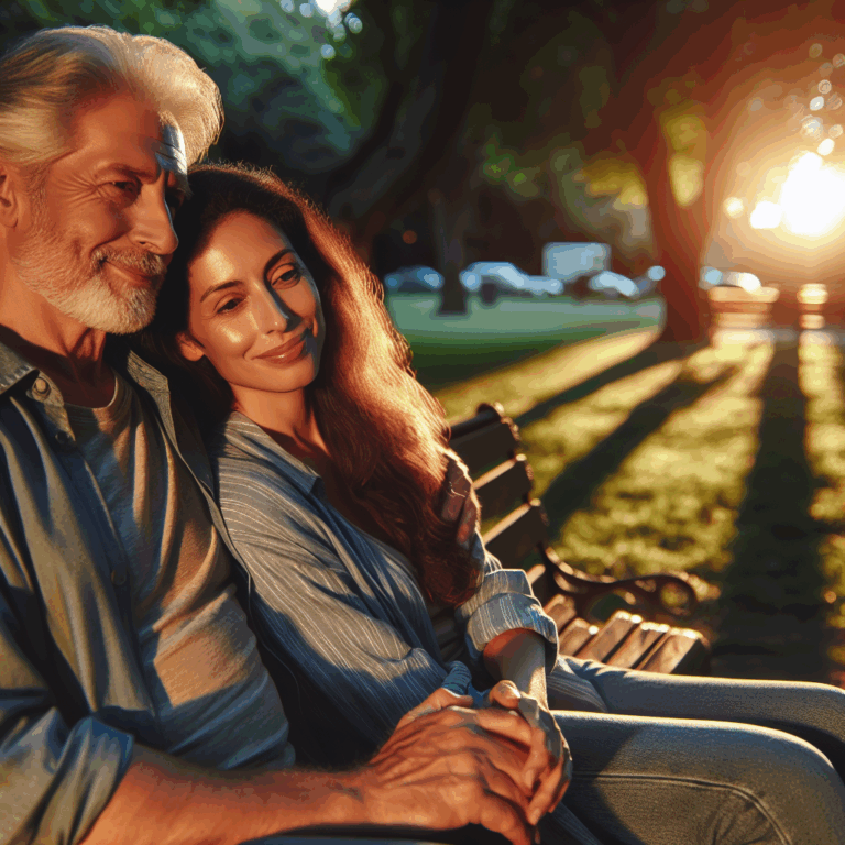 A diverse couple, one partner significantly older than the other, enjoying a peaceful moment together in a serene park. The sun is setting, casting a golden glow that emphasizes the emotional warmth and connection between them.